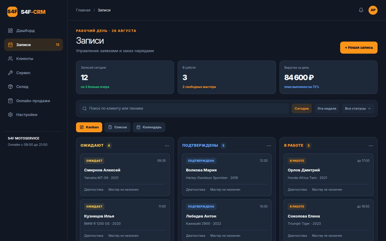 Kanban записей в панели управления S4F-CRM