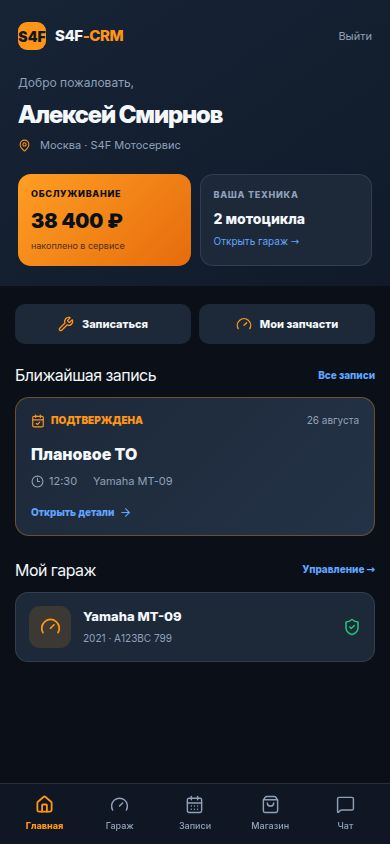 Главный экран клиентского приложения S4F-CRM